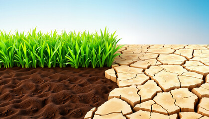 Cracked earth transitioning to lush grass, climate restoration concept