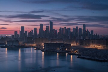 Naklejka premium Twilight Skyline Over a Ruined Metropolis with Dusk Harbour View