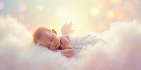 Sleeping baby with angel wings on cloud in dreamy sky. Peaceful heavenly scene with divine light. Innocent child concept for baptism, christening, or religious card