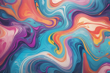 Abstract artwork featuring vibrant, fluid swirls of blue, orange, purple, pink, yellow, and white tones. The dynamic design radiates energy and artistic elegance.