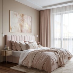 Bedroom in beige and pink tones, soft fabric headboard, wall paintings, bedside table with lamp, carpet, pillows, blanket, window with curtains, modern interior design, soft lighting, hyper-realistic 