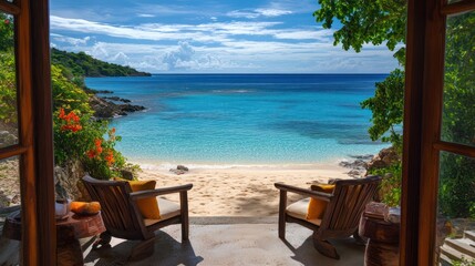 Obraz premium Paradise Beach View from a Tropical Bungalow