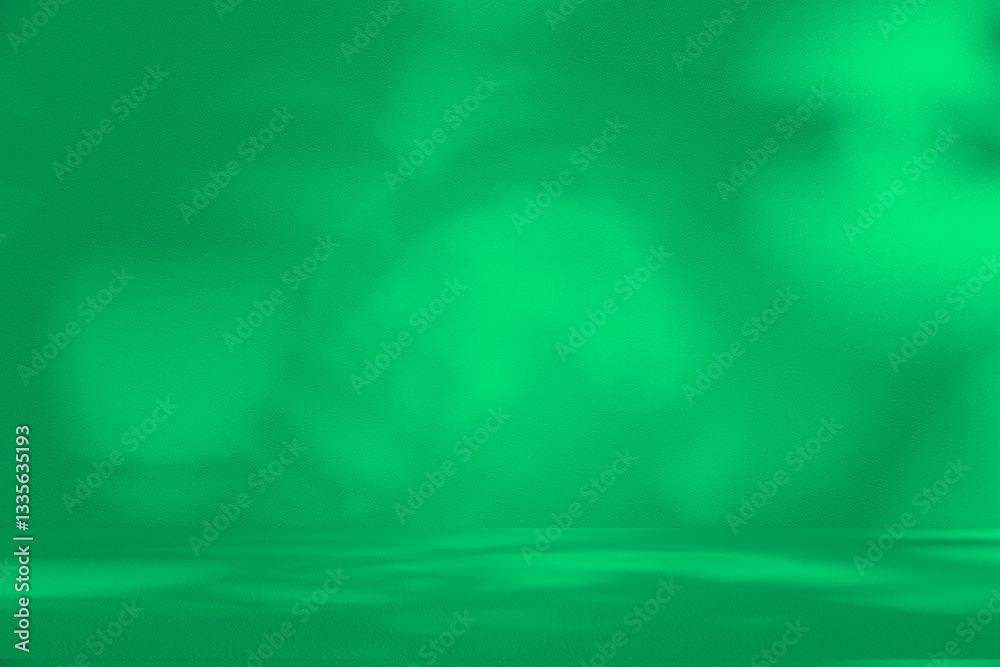 Poster Wall interior background, studio and backdrops show products. with leaf shadow from window color green and white. background for text insertion and presentation of product	