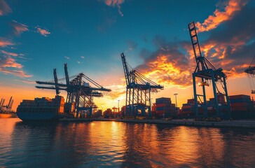 Obraz premium Cargo port with cranes and containers in Istanbul during golden hour, blue sky, low-angle shot, high-resolution, industrial atmosphere.