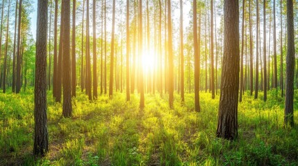 Fototapeta premium Tranquil forest bathed in soft sunlight, earthy tones blending harmoniously, evoking peace and natural serenity.