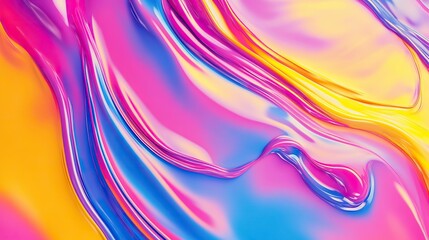  Vibrant 3D Rendering of Swirling Liquid Paint in Pink, Yellow, and Blue Hues for Design or Wallpaper