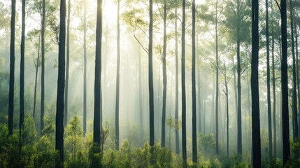 Fototapeta premium Tranquil forest bathed in soft sunlight, earthy tones blending harmoniously, evoking peace and natural serenity.