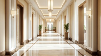 Long modern corridor with light beige walls, high ceiling, large columns, and white-brown color scheme, wide perspective and bright lighting creating a calm atmosphere.