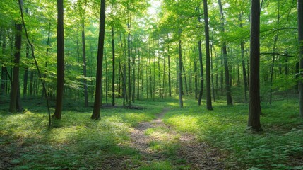 Obraz premium Tranquil forest bathed in soft sunlight, earthy tones blending harmoniously, evoking peace and natural serenity.