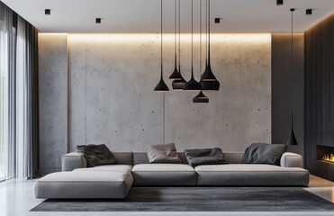 Modern living room interior with concrete wall, gray sofa, and black pendant lamps, showcasing contemporary design and minimalist aesthetics.