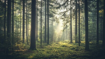 Obraz premium Tranquil forest bathed in soft sunlight, earthy tones blending harmoniously, evoking peace and natural serenity.