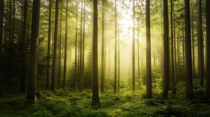 Fototapeta premium Tranquil forest bathed in soft sunlight, earthy tones blending harmoniously, evoking peace and natural serenity.
