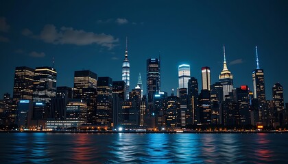 Obraz premium Nighttime Manhattan Skyline with Skyscrapers and Reflections on Water