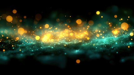 Obraz premium Enchanted Teal and Gold Galaxy: A mesmerizing digital artwork of a celestial landscape with shimmering lights and cosmic dust.