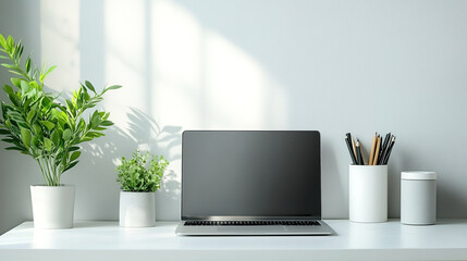Desk With Laptop and Plants
