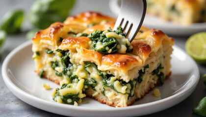Delicious spinach and cheese casserole on white plate