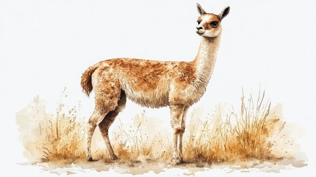 A llama stands in a field of tall grass.  Detailed illustration of a South American camelid