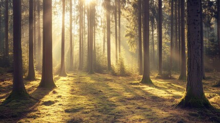 Fototapeta premium Tranquil forest bathed in soft sunlight, earthy tones blending harmoniously, evoking peace and natural serenity.