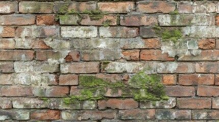 Obraz premium An old brick wall with green moss and weathering details