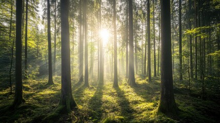 Obraz premium Tranquil forest bathed in soft sunlight, earthy tones blending harmoniously, evoking peace and natural serenity.