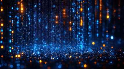 Obraz premium Abstract Digital Rain: Binary Code Cascading into a Glimmering Blue and Orange Realm