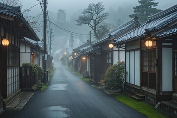 Vintage Japanese Cottage Path in a Misty Township with a Calm Drizzle and Nostalgic Atmosphere