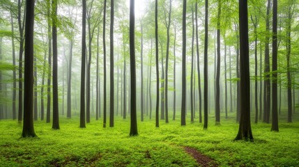 Obraz premium Tranquil forest bathed in soft sunlight, earthy tones blending harmoniously, evoking peace and natural serenity.