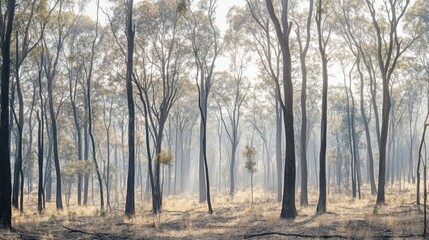 Tranquil forest bathed in soft sunlight, earthy tones blending harmoniously, evoking peace and natural serenity.