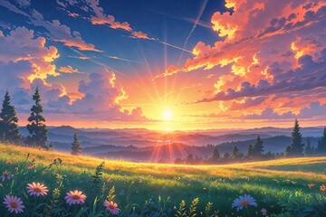 Fototapeta premium Vibrant Sunrise Landscape: A Serene Anime Scene of Hope and Joyfulness