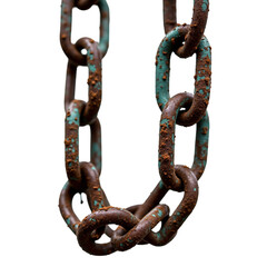 Fototapeta premium Rusted metal chain isolated on transparent background. Detailed texture of aged steel with rust & teal paint. Grunge, industrial, vintage designs.
