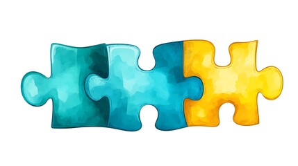 Fototapeta premium Three watercolor puzzle pieces connected.