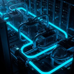 Futuristic Server Farm &ndash; High-Tech Data Center with Cooling Pipes & Blue Light