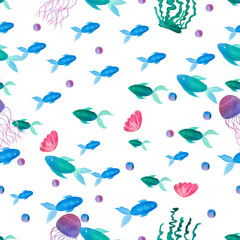 Deep Sea Seamless Watercolor Pattern Transparent Background