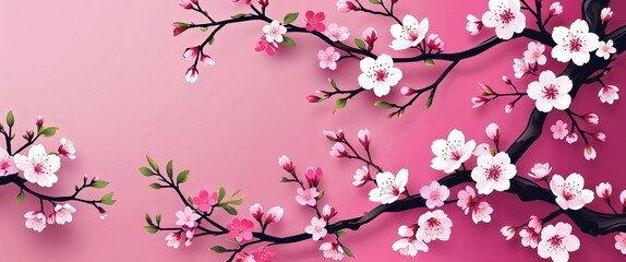 Obraz premium cherry blossom pattern on pink plain background digital abstract art work illustration design