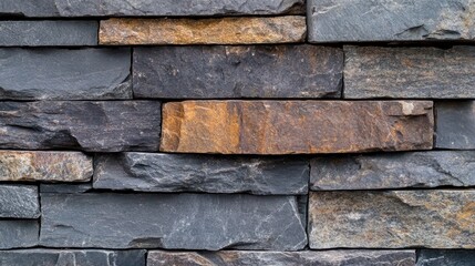 Close up of a decorative wall composed of textured stone bricks