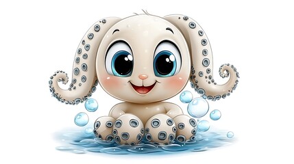 Cute cartoon octopus bunny in water.
