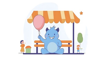 Naklejka premium Friendly monster holding balloon at park bench.