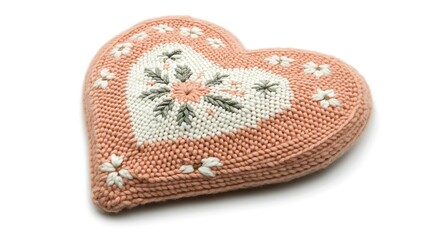 Knitted heart-shaped cushion with floral embroidery.