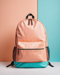 Stylish pink and teal backpack against a dual-colored background, perfect for school or outdoor adventures. Functional and trendy bag.