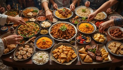 Sharing Middle Eastern Feast Family and Friends Gathering Around Table