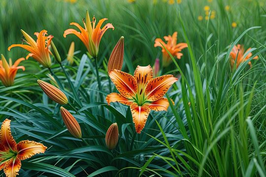 Brilliant Tiger Lily and Emerald Grass in a Vibrant Summer Landscape