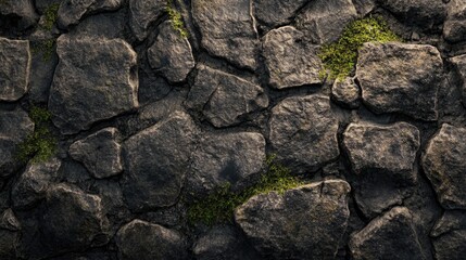 A closeup photograph shows a rough textured stone wall facade