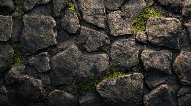 A closeup photograph shows a rough textured stone wall facade - Powered by Adobe