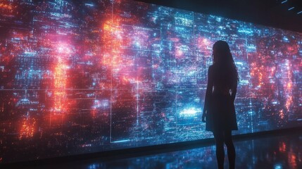 Woman Contemplating a Digital Matrix Display