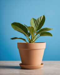 Obraz premium A vibrant green plant in a ceramic pot against a serene blue background, perfect for home or office decor.
