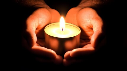 Cupped hands hold candle flame in dark