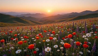 Wildflower Meadow Sunset Landscape with Rolling Hills Panorama