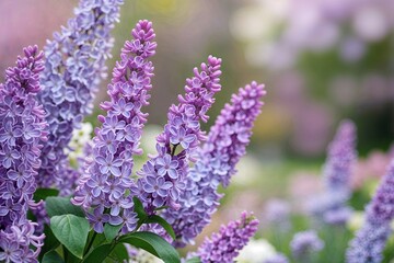 Fototapeta premium Spring Lavender Lilac Blooms Surrounded by a Serene Pastel Garden Bokeh