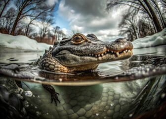 Fototapeta premium Frozen Alligator Panorama: Icy Water Reptile Wildlife Photography
