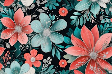 Elegant Floral Abstract Background with Shimmering Silver Line Art and Vibrant Teal and Coral Ombre Foliage